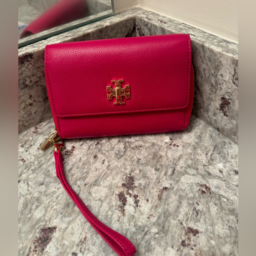 Tory Burch Hot Pink Leather Wristlet with Gold Logo
